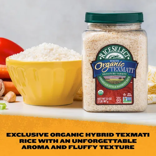 Vista 3 de RiceSelect arroz orgánico texmati basmati blanco, arroz premium sin OMG sin gluten de grano largo blanco, frasco de 32 onzas