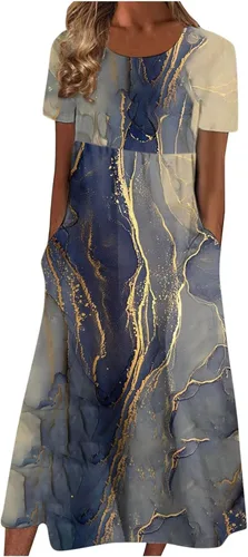 BDPORKAS Womens Dresses 2023 Casual Loose Crew Neck Floral Print Short Sleeve Dresses Trendy Calf Length Fitted Dress