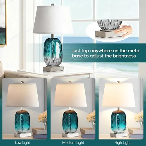Vista 2 de Juego de 2 lámparas de mesa con control táctil, lámpara de noche de cristal verde azulado costero con puertos USB A+C, lámparas de mesa de noche