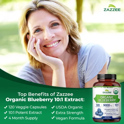 Vista 4 de Zazzee Extracto de Arándano Orgánico USDA 10:1, 5000 mg de Potencia, 120 Cápsulas Veganas, Suministro de 4 Meses, Extracto de Fruta Entera 10X