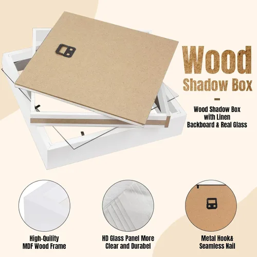 Vista 4 de QDSSDECO Cajas de sombra de 8 x 8 pulgadas con parte trasera de lino suave, caja de sombra 3D de vidrio de madera profunda para pared y mesa