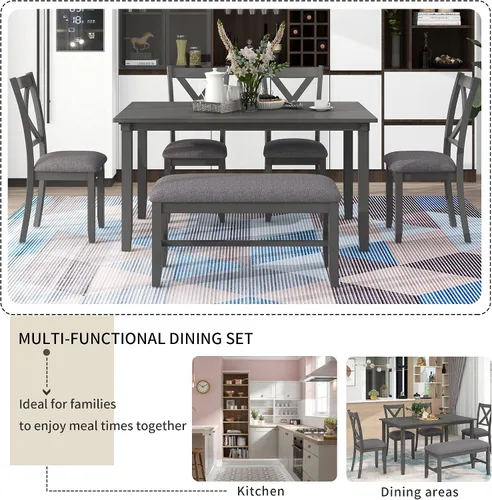 Vista 6 de Merax Juego de mesa de comedor de cocina de 6 piezas, mesa de comedor rectangular de madera, 4 sillas de comedor y banco, muebles familiares para 6