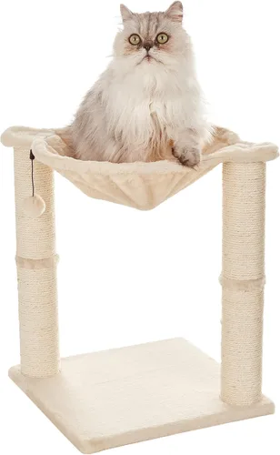 Amazon Basics - Torre para gatos con hamaca y postes rascadores para gatos de interior, 15.8 x 15.8 x 19.7 pulgadas, beige