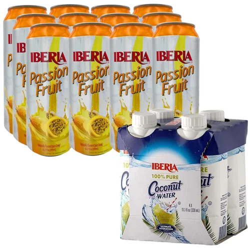 Iberia Bebida de jugo de maracuyá, 16.57 onzas líquidas (paquete de 12) + agua de coco 100% natural Iberia 11.1 onzas (paquete de 4)