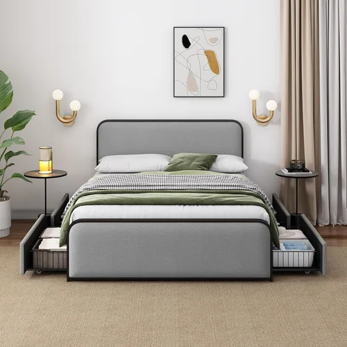 Vista 46 de SOFTSEA Cama de plataforma tapizada tamaño Queen con cajón de almacenamiento, marco de cama tapizado con cabecera con respaldo de alas, soporte