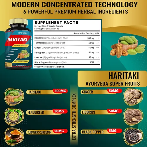Vista 3 de Haritaki Supplements - Cápsulas de extracto con cúrcuma, jengibre, fenogreco, regaliz, pimienta negra Nutre, rejuvenece el cuerpo, suministro de 3