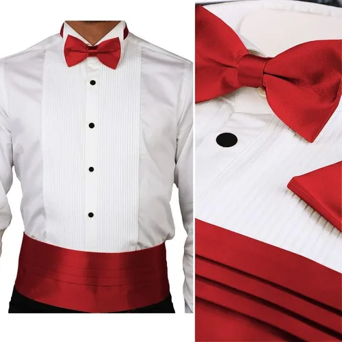 Vista 2 de Conjunto de camisa de esmoquin con cuello de ala, Cummerbund rojo, pajarita, gemelos y tachuelas, Blanco