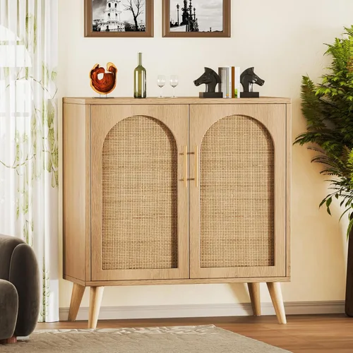 Vista 6 de Rovaurx Gabinete de almacenamiento de ratán con puertas, gabinete de piso de baño de acento moderno, aparador buffet para sala de estar, entrada