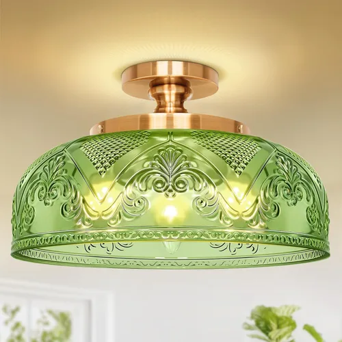 Vista 14 de Lámpara de Techo Semiempotrada, Accesorio de Iluminación de Techo Dorado Grande de 12 Pulgadas, 3 Luces con Globo de Vidrio Estilo Casa de Campo