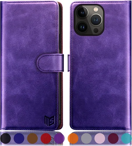 Vista 14 de SUANPOT Funda tipo cartera para iPhone 14 Pro de 6.1 pulgadas con bloqueo RFID, tarjetero de crédito, funda protectora de piel sintética con tapa