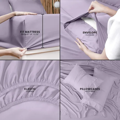 Vista 4 de Utopia Bedding Juego de sábanas de 4 piezas, microfibra cepillada, resistente al encogimiento y a la decoloración, fácil cuidado (Queen, lavanda)