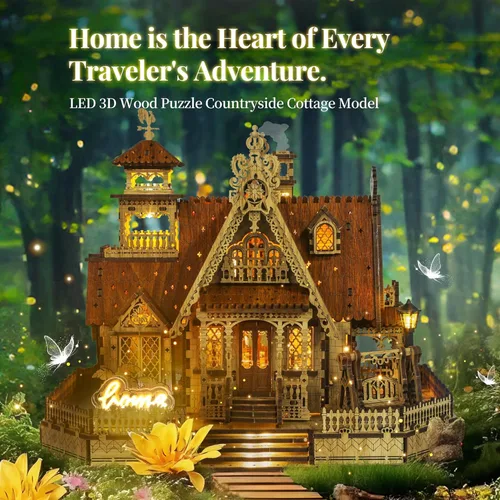 Vista 2 de FUNPOLA Rompecabezas de madera 3D modelo de casa de campo – Kit de construcción en miniatura con luces LED de chispa – Arquitectura rural