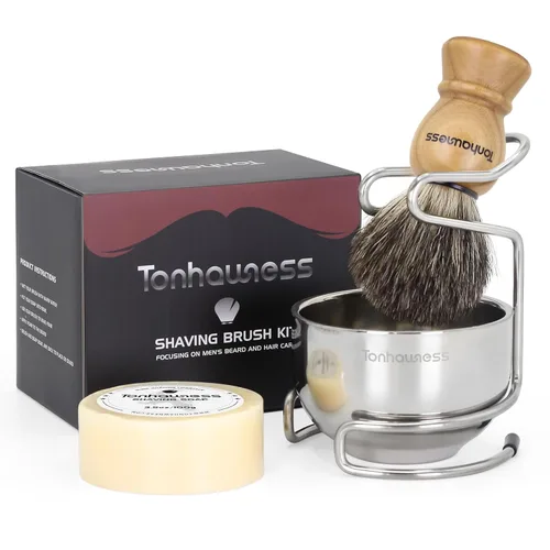 Vista 10 de Kit de brochas de afeitar para hombres, juego de brochas de afeitar 4 en 1, incluye cepillo de afeitado de pelo de tejón, cuenco y soporte de acero