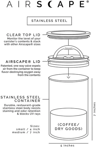 Vista 7 de Airscape - Recipiente para café de acero inoxidable, juego de 2, contenedor de almacenamiento de alimentos, tapa hermética patentada de Estados