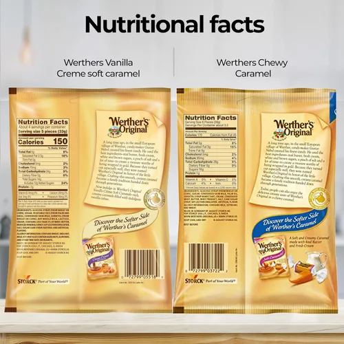 Vista 2 de Werthers Original Vanilla Creme - Caramelos suaves y caramelo masticable, paquete de 4 (2 de cada uno) – Caramelo suave Werthers envuelto
