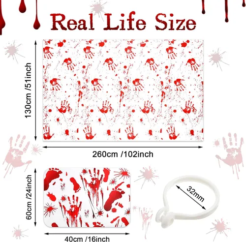 Vista 2 de Juego de 6 cortinas de ducha de huellas de manos sangrientas de Halloween, incluye cortina de ducha sangrienta, tapete de puerta con huellas