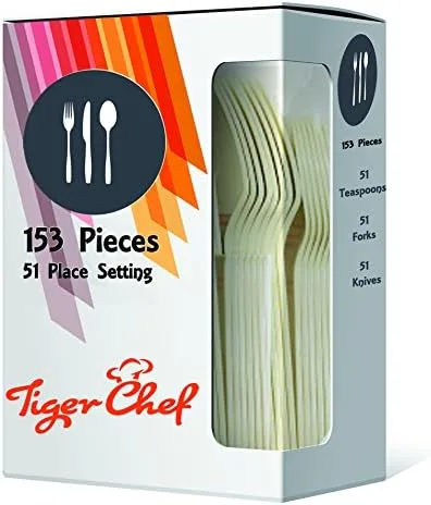 Vista 2 de Tiger Chef Cubiertos de plástico de colores pesados, 51 tenedores, 51 cucharas, 51 cuchillos, caja combinada de cubiertos desechables (153, marfil)
