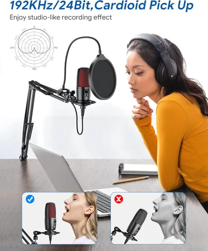 Vista 7 de TECURS Micrófono USB de condensador, kit de micrófono de PC con brazo de brazo ajustable, micrófono para juegos para grabación, podcasting