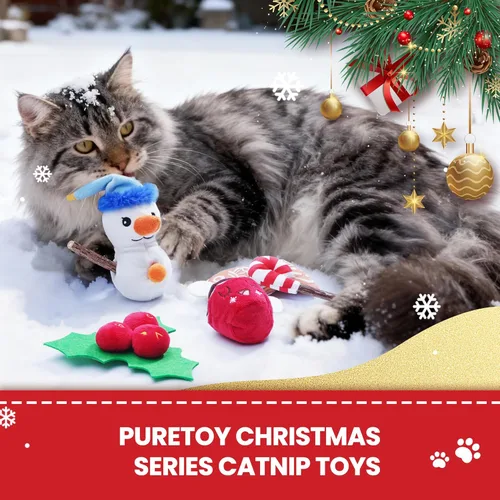 Vista 6 de Juguetes navideños para gatos – 5 juguetes de hierba gatera para gatos con temática navideña, juguete masticable con palos de vid plateada