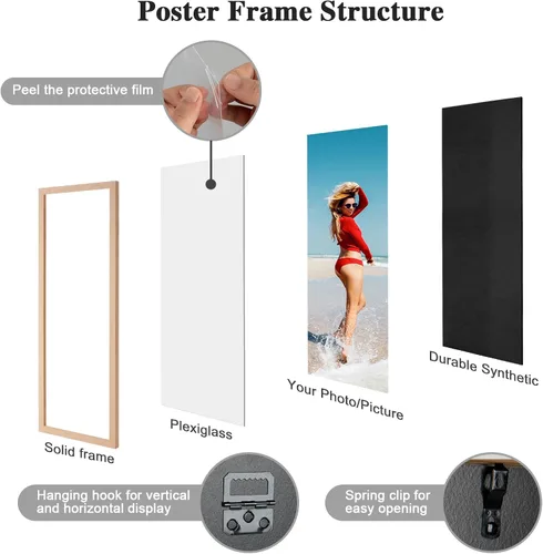 Vista 6 de Marco de 8 x 24 pulgadas de madera natural con veta rústica, marco de 24 x 8 pulgadas en color beige, marco para colgar pósteres de arte, marco de 8