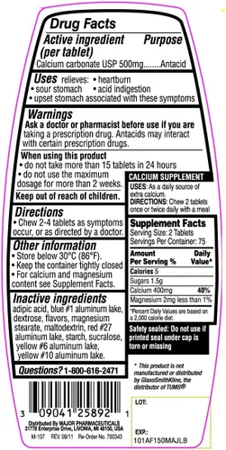 Vista 2 de Major Calcium Antacid - Tabletas masticables con sabor a fruta surtida, fuerza regular, 150 por botella (paquete de 5)
