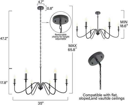 Vista 5 de 6 Light Farmhouse Chandelier Matt Black Classic Candle Ceiling Hanging Light Fixture Rustic Pendant Lighting for Dining Room, Living Room, Kitchen