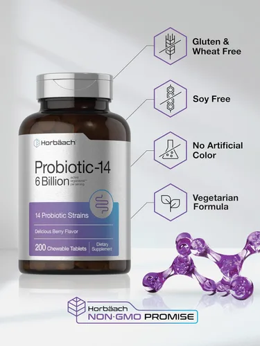 Vista 5 de Horbäach Probióticos 6 mil millones de UFC 200 tabletas masticables Sabor a bayas 14 cepas probióticas Suplemento vegetariano, sin OMG y sin