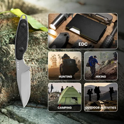 Vista 7 de Cuchillo de hoja fija Kizer Muskrat, cuchilla D2 de 3,15 pulgadas, cuchillo EDC con patrón Argyle, mango G10 negro, cuchillos de cuello para hombres