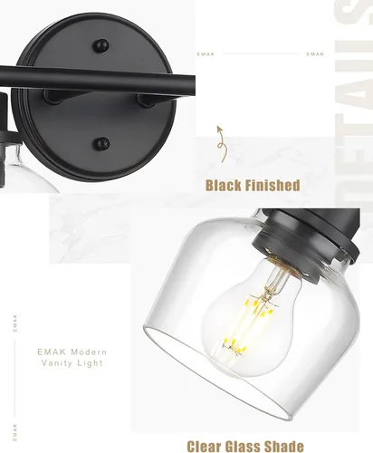 Vista 3 de Emak VL122-BK-CG-2 - Luces modernas de baño negras, accesorios de iluminación de tocador de granja con pantalla de vidrio transparente, 2 luces