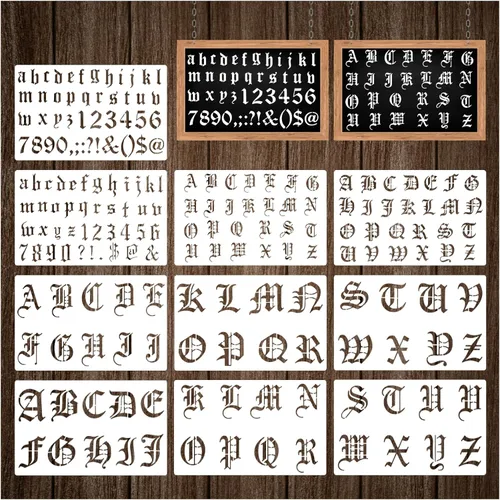 Vista 8 de 10 Piezas de Plantillas en Inglés Antiguo de 1 y 2 Pulgadas, Plantillas de Letras Góticas Reutilizables, Plantillas de Números de Plástico