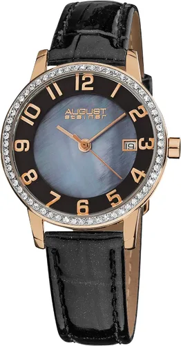 August Steiner AS8056 - Reloj de cristal para mujer con cristales auténticos en bisel, esfera de nácar con ventana de fecha en correa de piel de