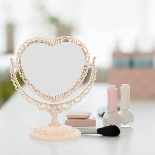 Vista 9 de Lurrose - Espejo de tocador con forma de corazón, espejo de maquillaje de doble cara con espejo de mesa de 360 grados con soporte para baño