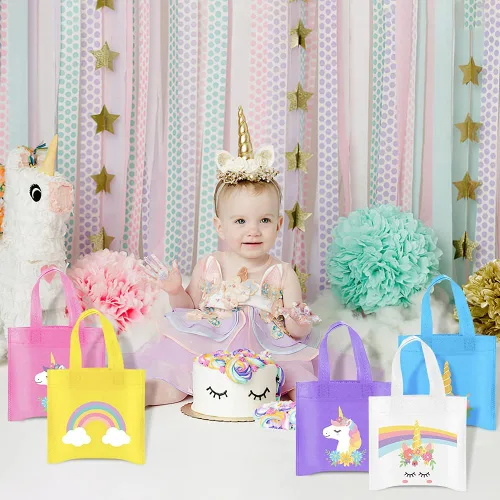 Vista 5 de FHzytg 20 bolsas de regalo de fiesta de arcoíris, bolsas de regalo reutilizables de arco iris, bolsas de dulces para niños y niñas, suministros