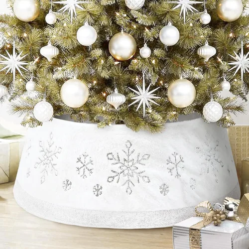 Vista 8 de LASPERAL Collar de Árbol de Navidad de Felpa Blanco Anillo de Árbol con Lentejuelas Feliz Navidad y Ciervo Granja Rústica Cubierta de Base