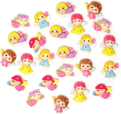 Honbay 24 dijes de resina con parte trasera plana, adornos de niña con alas de ángel para álbumes de recortes, clip para el cabello, funda de