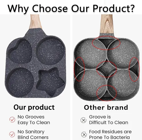 Vista 4 de JUSTUP Sartén antiadherente, sartén para huevos de 4 tazas, sartén dividida antiadherente, sartén de granito saludable de 7.5 pulgadas con mango