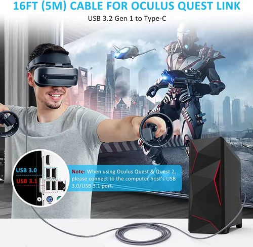 Vista 2 de Tiergrade Link Cable for Meta Quest 3, 16FT USB 3.0 to Type-C Cable Accessories Compatible with Quest 2Pro, PICO4Pro, High Speed Data Transfer and