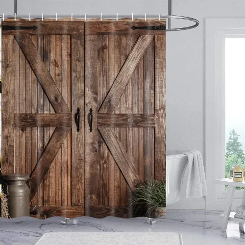 Vista 13 de Cortina de ducha de puerta de granero rústica de tamaño pequeño para baño, juegos de cortinas de decoración de baño de tablones de madera retro