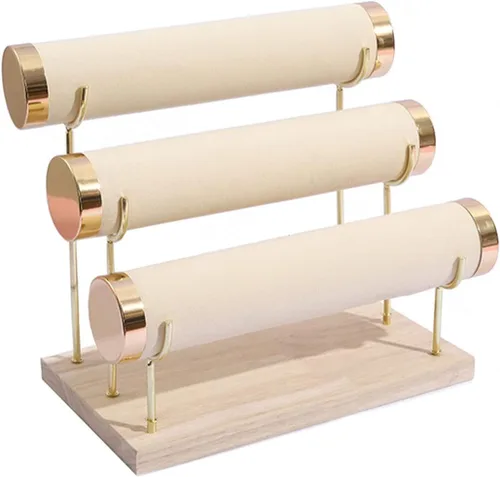 Soporte de pulsera desmontable, soporte de exhibición de joyas de tres niveles, elegante organizador de reloj de pulsera de terciopelo, beige