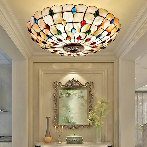 Vista 3 de Tiffany - Lámpara de techo de montaje empotrado, lámpara de techo LED de vitral, hecha a mano con cuentas de vidrio de colores azules para Con