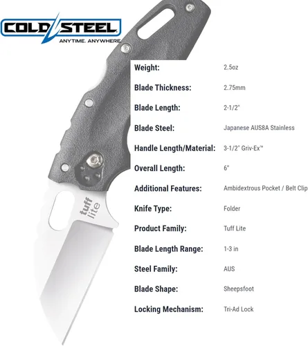 Vista 5 de Cold Steel Tuff Lite 2.5" Cuchillo de bolsillo plegable con hoja de 3.5" de AUS8A de pata de cabra ultra afilada y asa Griv-Ex