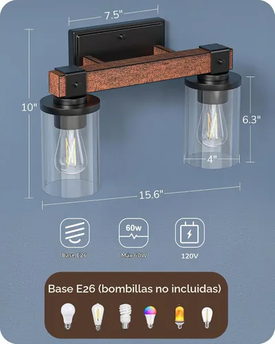 Vista 6 de EDISHINE Apliques de pared de madera pintados de 2 luces, lámpara