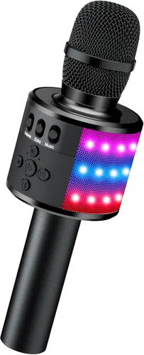 Micrófono de karaoke BONAOK para niños y adultos - micrófonos Bluetooth con luces de disco, efecto eco, altavoz incorporado, reproductor de karaoke