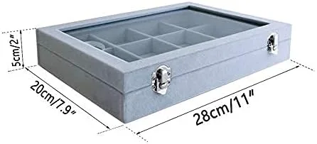 Vista 5 de Bandeja organizadora apilable de terciopelo gris con cubierta de vidrio, almacenamiento de joyas, de grado premium, multifunción, 12 rejillas