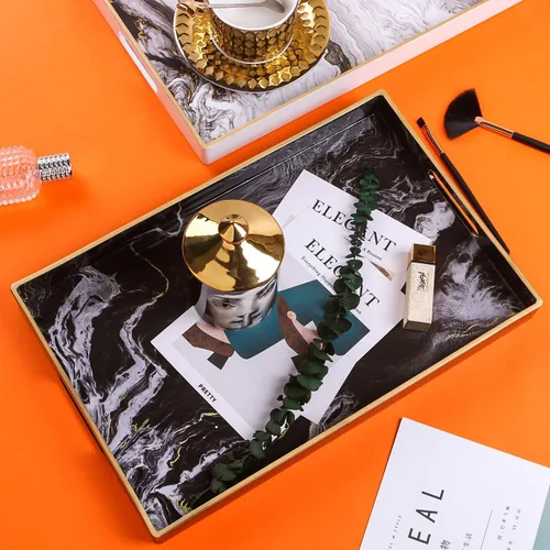 Vista 6 de Zosenley Bandeja decorativa, bandeja de plástico de mármol con asas, bandeja rectangular de tocador y bandeja de servir para baño, cocina, otomana