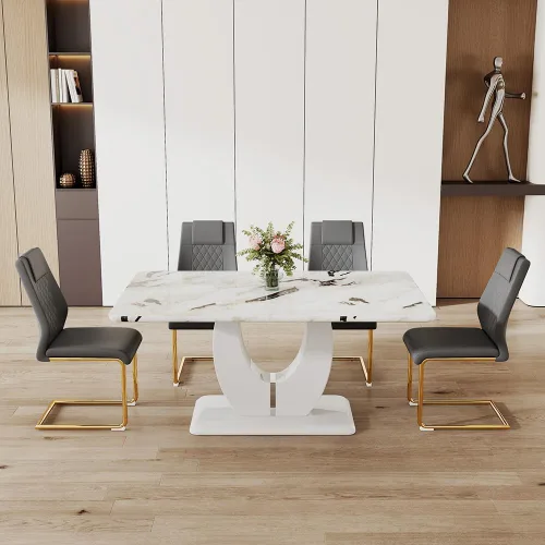 Vista 69 de JUFU Juego de mesa de comedor moderno para 4, juego de mesa de cocina rectangular de 63 pulgadas con mesa de mármol sintético y 4 sillas tapizadas