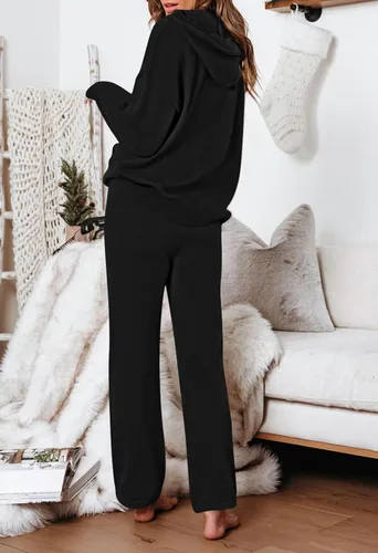 Vista 2 de Viottiset Conjunto de 2 piezas para mujer, suéter de manga larga con capucha y bolsillo, pantalones de pierna ancha, conjuntos de ropa de descanso