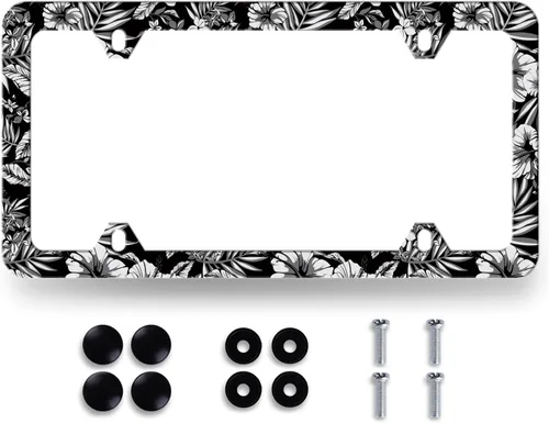 Vista 22 de Aloha Marco de matrícula hermoso Hawaii Hibiscus flores hojas placa de matrícula personalizable de acero inoxidable piezas de automóvil divertidas