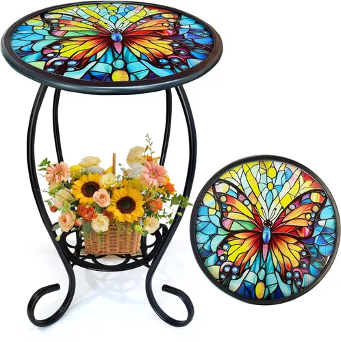 Vista 19 de LIFFY Mesa Auxiliar de Exterior, Mesa Redonda de Vidrio de 12" para Interior y Exterior con Marco de Metal, Mesa de Acento, Soporte Decorativo