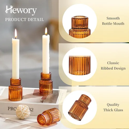 Vista 5 de Hewory Candelabros cónicos de vidrio: 2 portavelas elegantes ámbar a granel, portavelas de vidrio acanalado, candelabros decorativos para centro